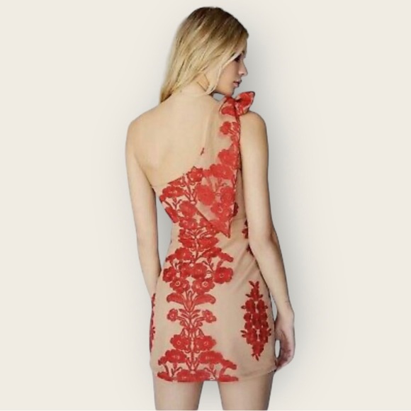 For love & Lemons Temecula Red Tan One Shoulder Mini Dress Embroidered Mesh XS - Picture 4 of 12